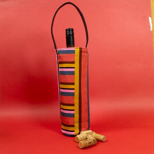 Porta Vinho Lona Estampada Alça Couro LISTRA BOSQUE