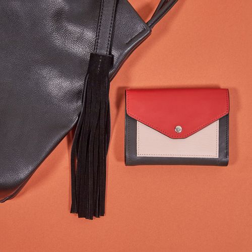 Carteira de Couro Envelope Porta Cartão PRETO/ROSA/VERMELHO