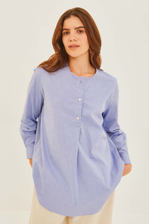 Blusa Bata Listras Pespontos Azul
