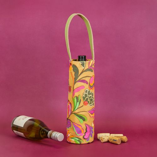 Porta Vinho Lona Estampada Alça Couro FLORAL COLAGEM BEBEL