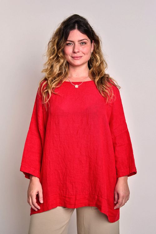 Blusa Bata Linho Decote Canoa VERMELHO