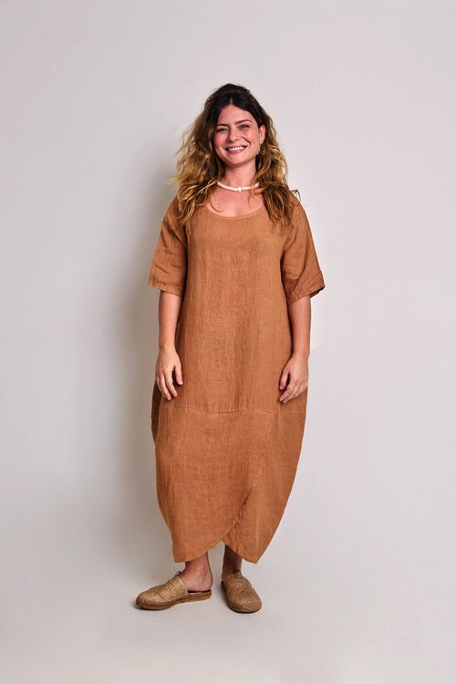 Vestido Linho Envelope Decote Canoa CAMEL