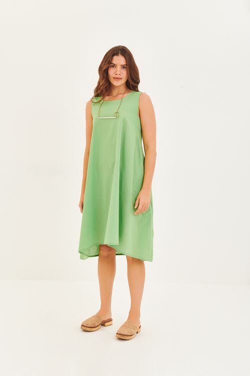 Vestido Linho Prega Lateral Verde