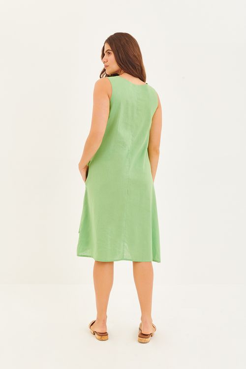 Vestido Linho Prega Lateral Verde