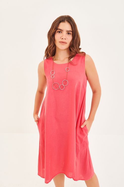 Vestido Linho Prega Lateral Melancia