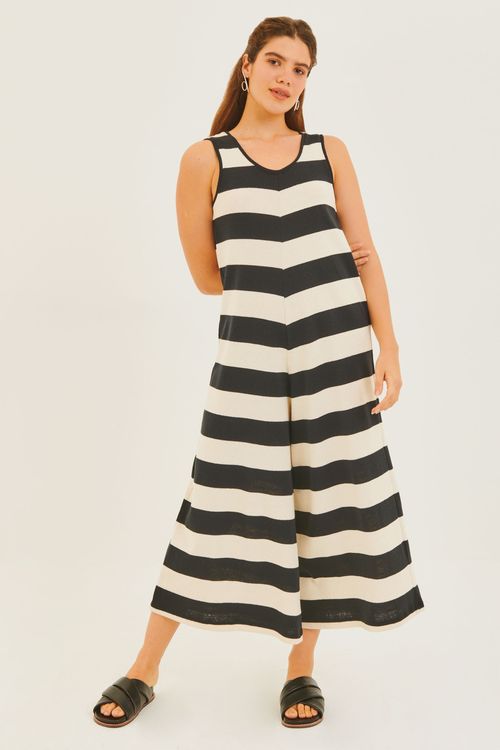 Macacão Malha Listrada Pantalona Preto/Cru