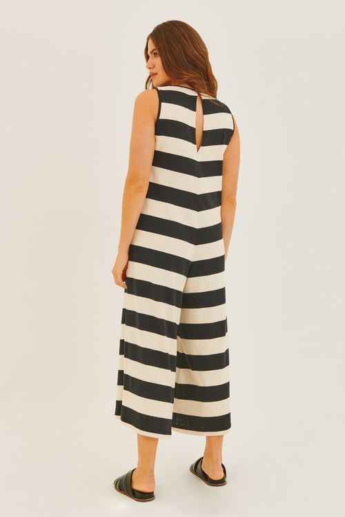 Macacão Malha Listrada Pantalona Preto/Cru