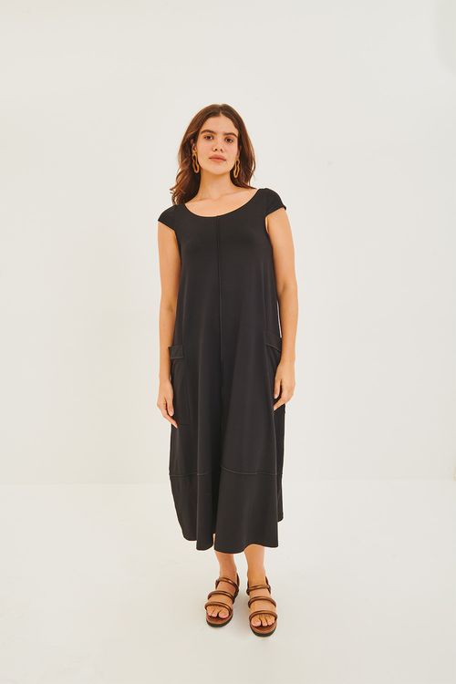Vestido Malha Bolsos Costura Aparente Preto