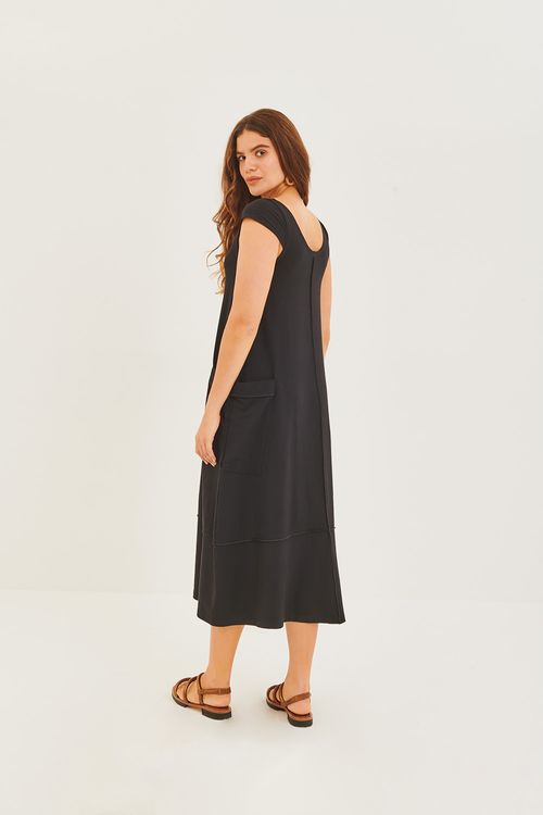 Vestido Malha Bolsos Costura Aparente Preto