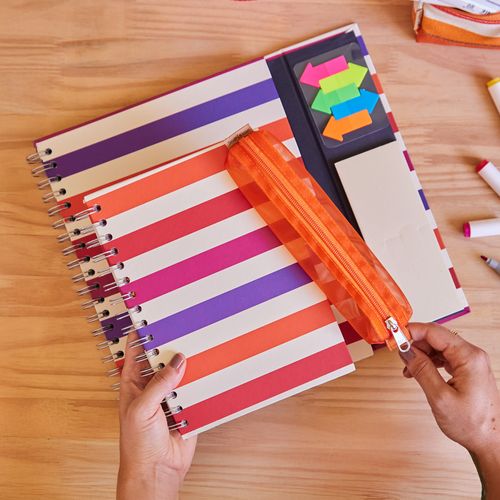 Caderno A5 90 Folhas com Estojo LISTRAS COLORIDAS