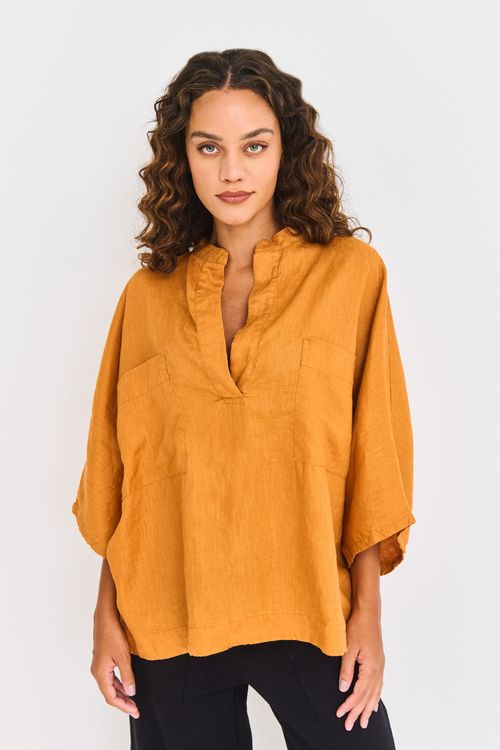 Blusa Linho Ampla Bolsos e Abertura na Frente GUARANÁ