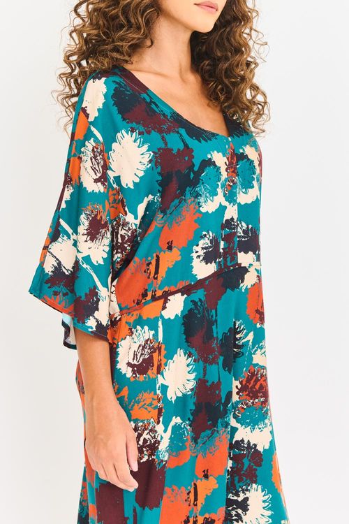 Vestido Estampado Manga Sino e Recortes Framboisier