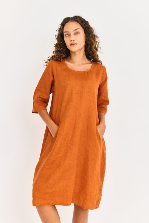 Vestido Linho Bolsos Arrendondados Avelã