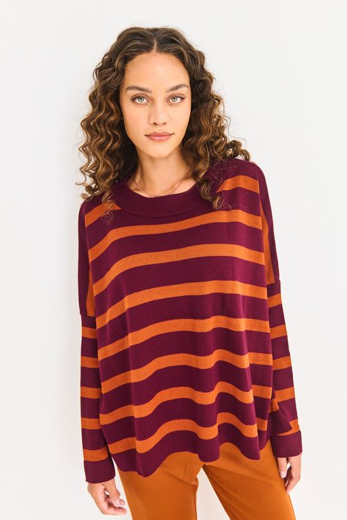 Casaco Malha Tricot Listras Vinho com Cobre