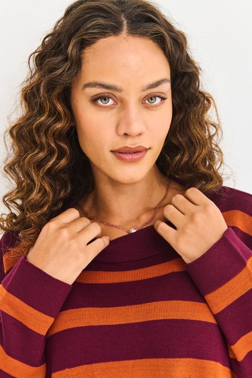Casaco Malha Tricot Listras Vinho com Cobre