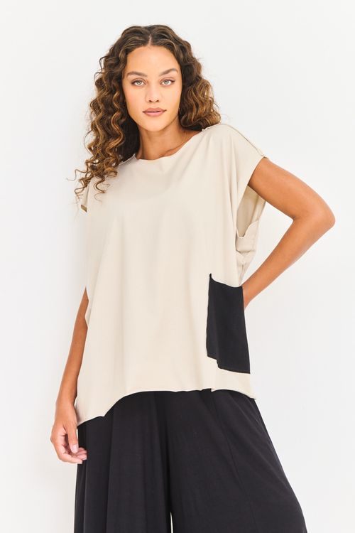 Blusa Malha Algodão Pima Bolso Ribana Off/Preta