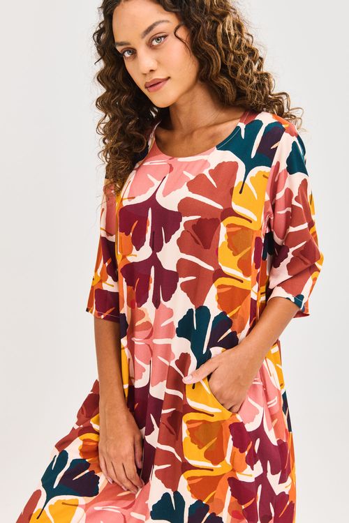Vestido Estampado Bolsos Arredondados Ginko