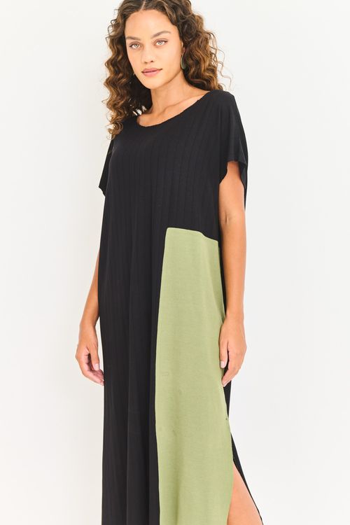 Vestido Malha Canelada Detalhe Ribana Preto/Verde