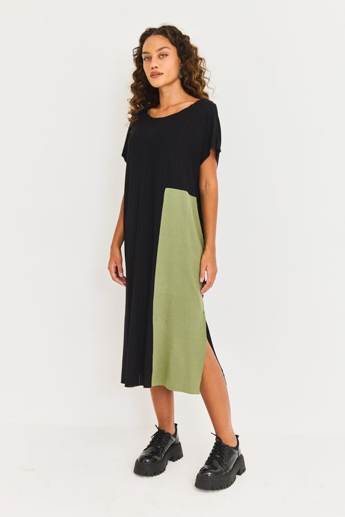 Vestido Malha Canelada Detalhe Ribana Preto/Verde
