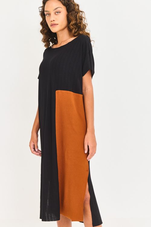 Vestido Malha Canelada Detalhe Ribana Preto/Canela
