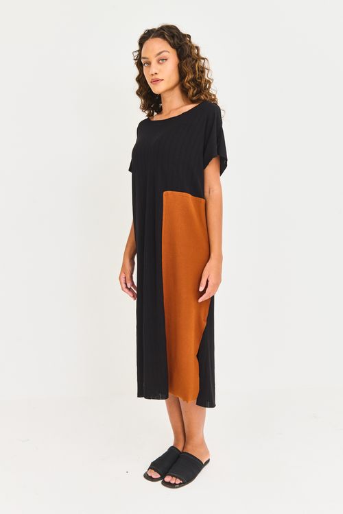 Vestido Malha Canelada Detalhe Ribana Preto/Canela