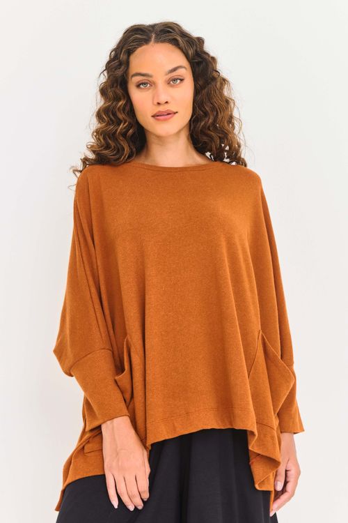 Blusa Malha Manga Longa Bolsos na Frente CANELA