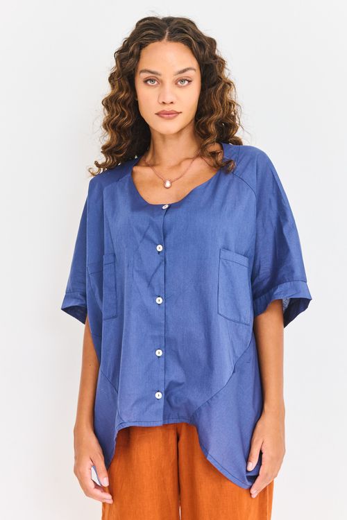 Blusa Voil Botões e Recortes MARINHO