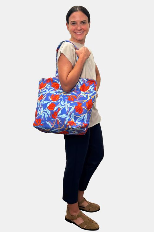 Bolsa Saco Dupla Face Estampado FLORAL POEMA/LISTRA CANELA