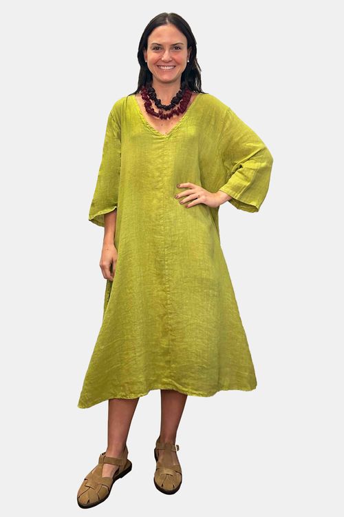 Vestido Linho Decote V Bolsos-
VERDE