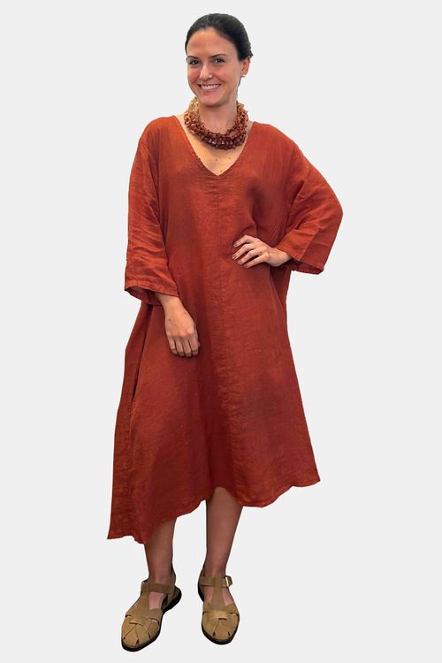 Vestido Linho Decote V Bolsos VINHO