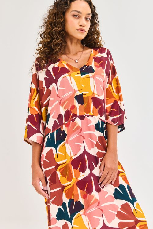 Vestido Estampado Manga Sino e Recortes Ginko