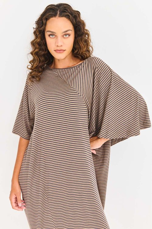 Vestido Malha Listrada Manga Sobreposta Verde