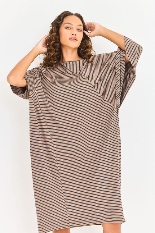 Vestido Malha Listrada Manga Sobreposta Verde