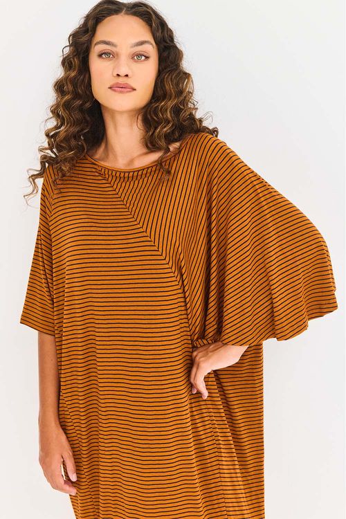 Vestido Malha Listrada Manga Sobreposta Cobre