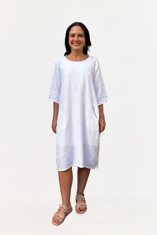 Vestido Linho Mangas e Bolsos Arredondados Off