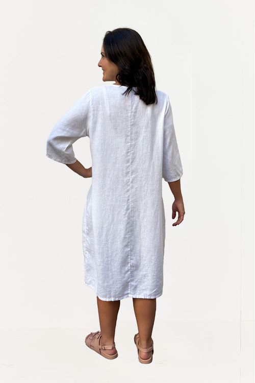 Vestido Linho Mangas e Bolsos Arredondados Off