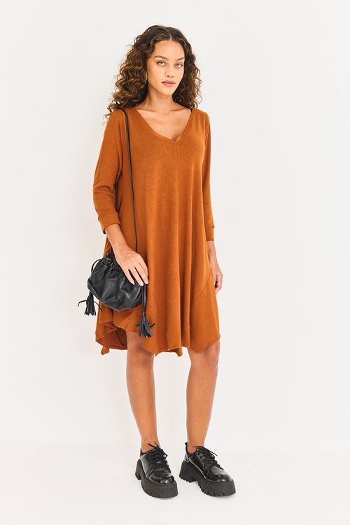 Vestido Malha Manga Longa Mali Canela