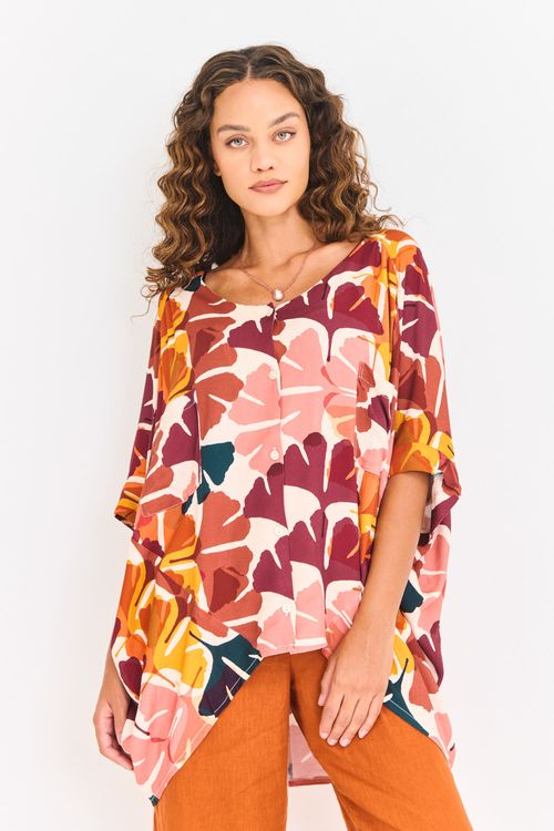 Blusa Estampada Botões e Recortes GINKO