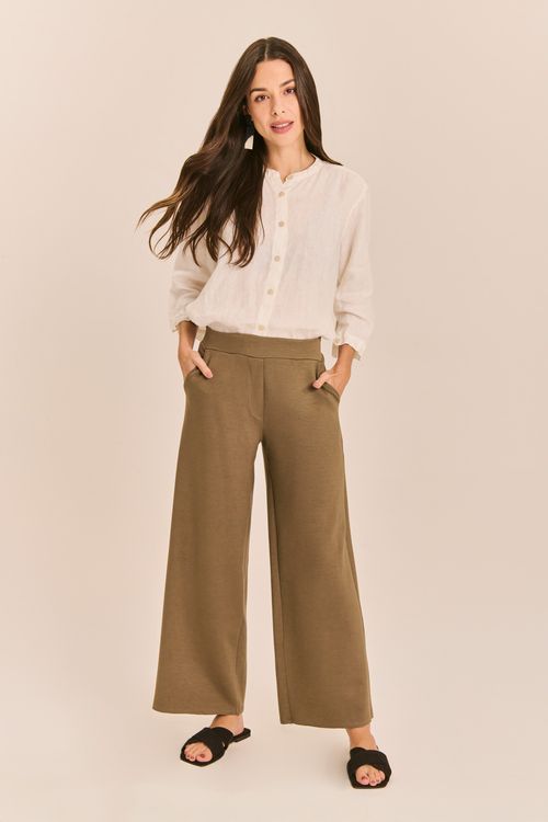 Calça Malha Neo Comprida Prega e Elástico na Cintura VERDE