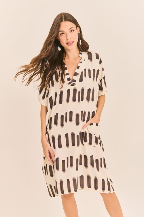 Vestido Estampado com Bolsos Det Gola PINTURA PB