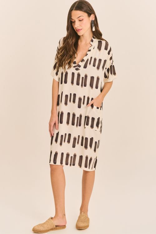 Vestido Estampado com Bolsos Det Gola PINTURA PB