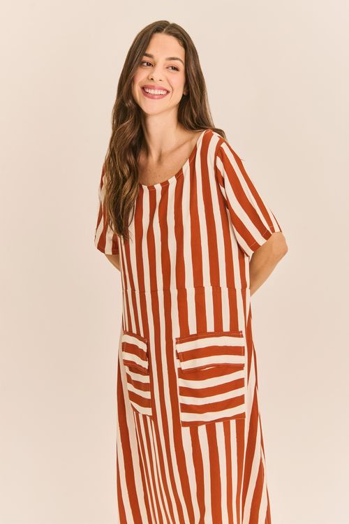 Vestido Estampado Nozinho Manga Curta LISTRA CANELA