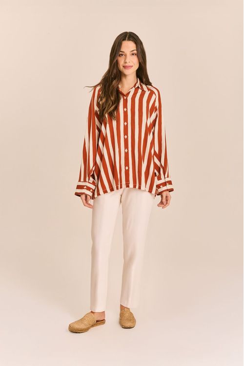 Blusa Estampada Quadrada com Recortes LISTRA CANELA