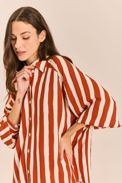 Blusa Estampada Quadrada com Recortes LISTRA CANELA
