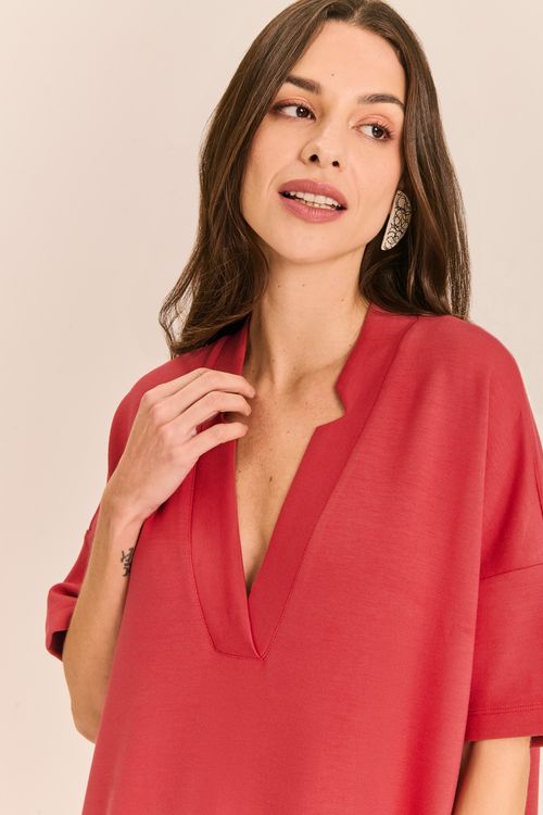 Vestido Malha Neo com Bolsos e Decote Gola GOIABA