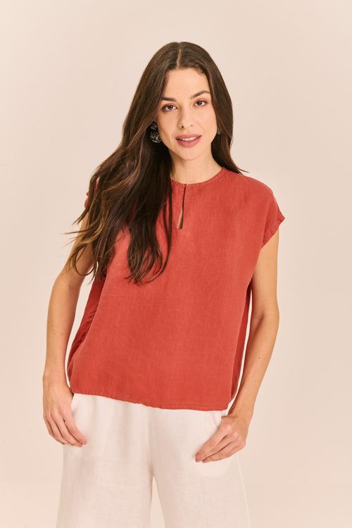 Blusa Linho Fenda Botão Frente GOIABA