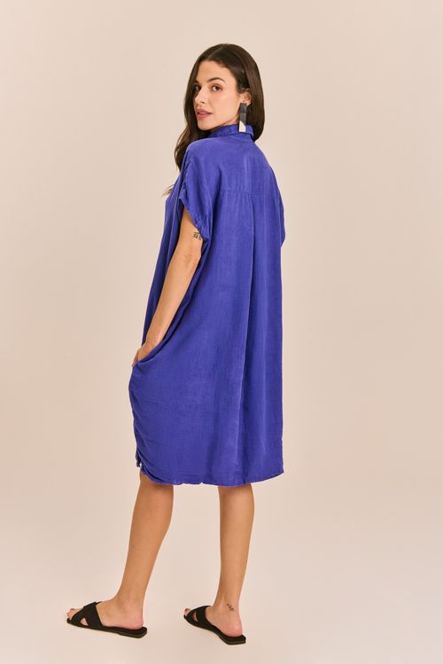 Vestido Linho Chemise Santorini Pequeno Fenda Lateral AZUL