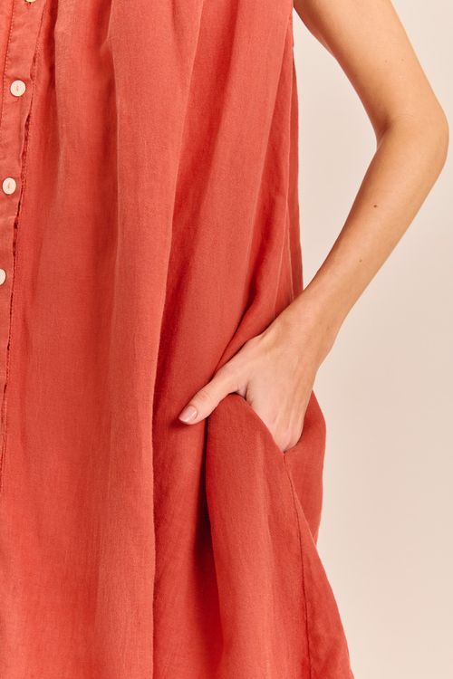 Vestido Linho Abertura Frontal GOIABA