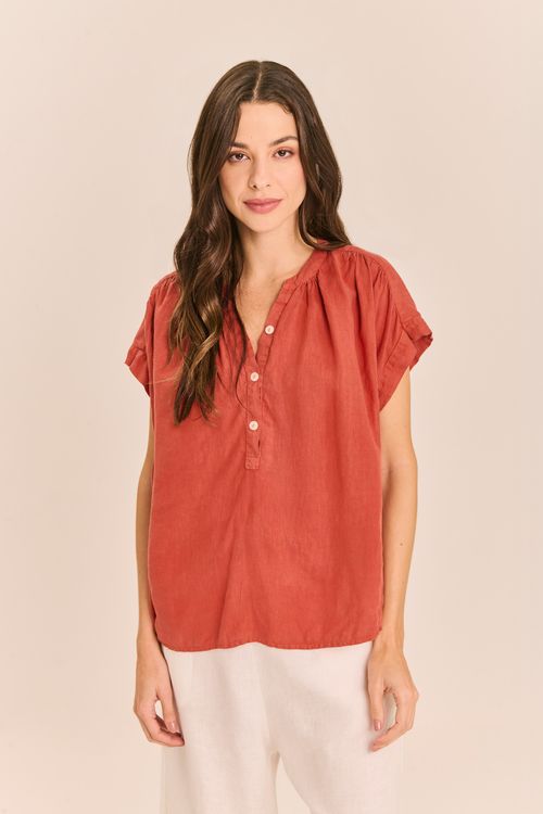 Blusa Linho Bata com Botões GOIABA