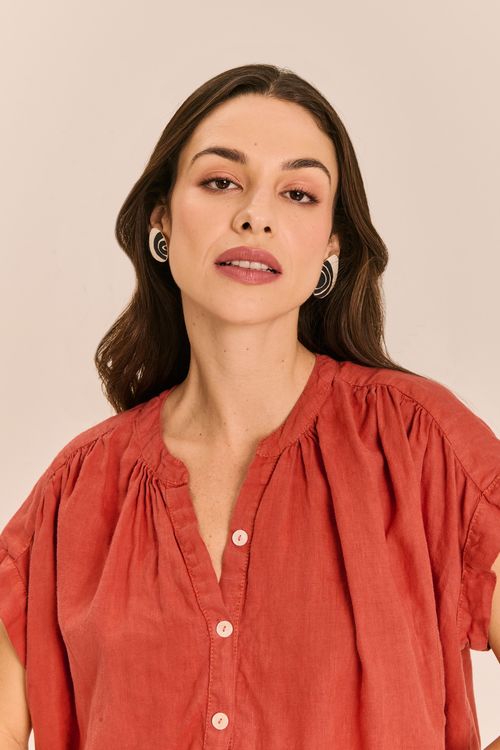 Blusa Linho Bata com Botões GOIABA